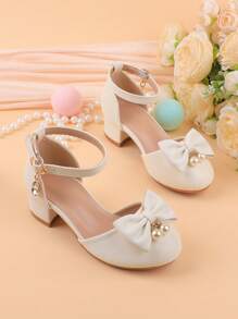 Girls White Cute Flower Girl Wedding Party Ballet Thick Heel Dress Shoes, Hook And Loop Floral Formal Pageant Dance Daily Casual Wear, Suitable For Summer All Season, Toddler/Little/Big Kid Sizes - White - View 5