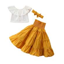 Little Girls Long Maxi Skirt Casual Summer 3pieces Outfits Off Shoulder Ruffle Crop Top + High Waist Smocked Long Maxi Skirt + Bowknot Headband Holiday Sundress Clothes - 黃色 - 查看 6