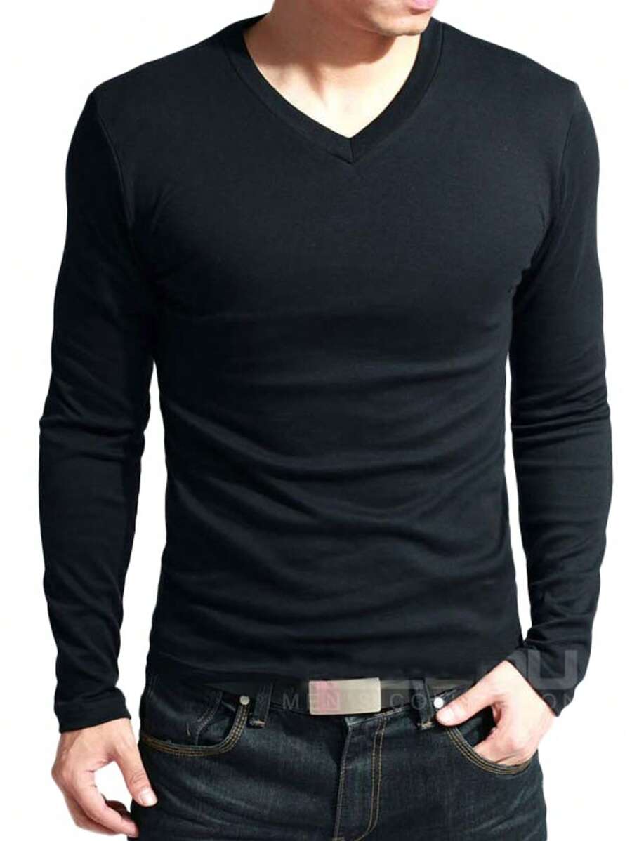 Men's Long Sleeve V-Neck Shirt 100% Cotton - 黑色 - 查看 1