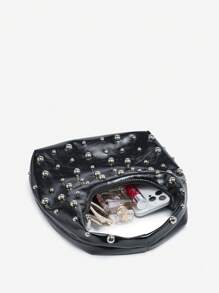 1 件女士复古朋克波西米亚风格海洋装饰沙滩包，钩编铆钉油蜡 PU 皮革大容量单肩斜挎包，适合外出、派对和日常穿着 - 黑色 - 查看 5