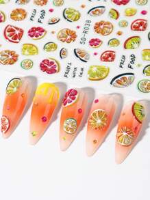 2 pièces Autocollants 5D de fruits de dessin animé: cerises, fraises, citrons d'été, oranges, pêches mignonnes, raisins, ananas. Fournitures pour ongles