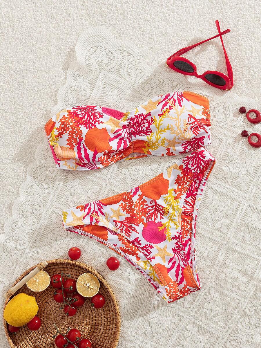 New Vibrant Orange Ocean Themed Bandeau Split Sexy Bikini - Burnt Orange - View 1