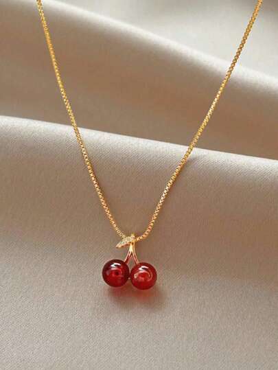 1pc High-End Red Cherry Pendant Necklace , Simple And Delicate, & Elegant Clavicle Chain(Without Box)