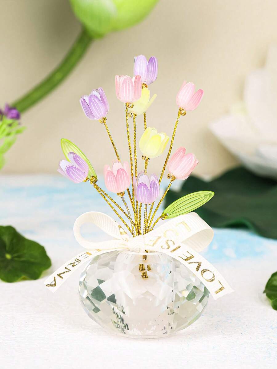 水晶郁金香花饰家居装饰，适用于客厅、卧室、餐桌、浴室 - 优雅的人造花卉布置，适合家庭、婚礼、办公桌或母亲节礼物 - 彩色 - 查看 1