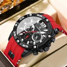 1 件男士多功能运动手表，30 米防水，夜光指针，日期显示，红色硅胶表带，大表盘休闲石英表，节日和生日礼物