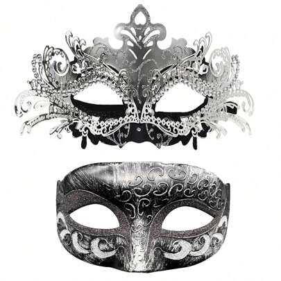 情侣面具 - 化妆舞会套装银色派对狂欢节面具男女通用，闪亮金属丝覆盆子水钻威尼斯面具男士