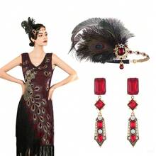1 Set Of 2pcs 1920s Party Headpiece, Black Feather Headband & Red Drop Earrings Accessories, Zinc Alloy - Multicolor - View 1