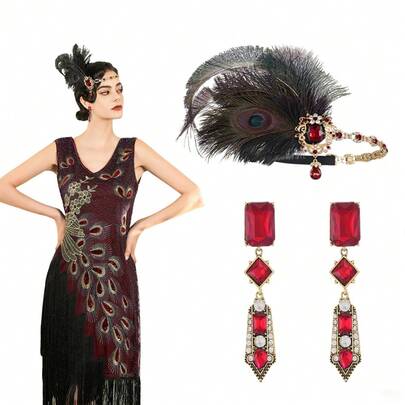 1 Set Of 2pcs 1920s Party Headpiece, Black Feather Headband & Red Drop Earrings Accessories, Zinc Alloy
