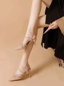 女士时尚水钻高跟凉鞋，网眼透气露趾细高跟鞋，独特设计尖头鞋，夏季假日凉鞋 - 夏季特惠 - 玫瑰金 - 查看 3