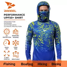 RODEEL Men's Hooded T-Shirt With Face Mask Gradient Printed Raglan Quick-Drying Breathable Long Sleeves Suitable For Outdoor Sports Fishing And Hiking