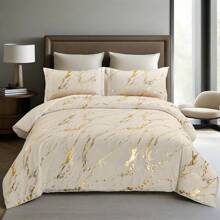 3 Pieces Black/White Gold Metallic Marble Comforter Set Queen King Foil Print Glitter Bedding Sets With 2 Pillowcases For All Seasons, Soft Microfiber Filling Bedding Duvet Set,Home Decor Bedroom Decor Bed Comforter Set Mothers Day Gift Wedding Decoration. - Khaki - View 3