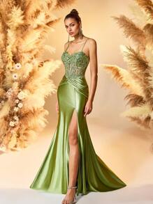 Váy cưới satin xanh ngọc lục bảo cho nữ - Thân áo đính sequin có xẻ cao, váy dạ hội bó sát thanh lịch, váy trang trọng sang trọng, váy dự tiệc - màu xanh lá - Xem 1