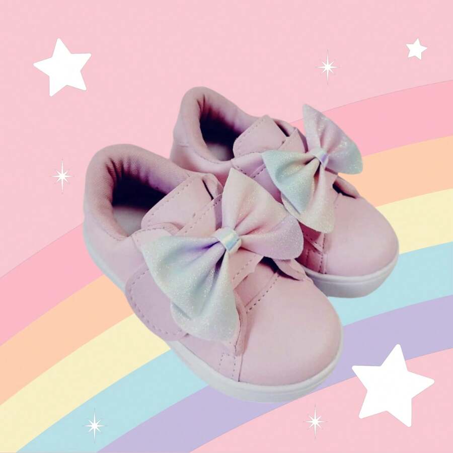 Tênis Infantil Rosa com Laço Brilhante Menina Estiloso Casual - Rosa Bebê - Visão 1