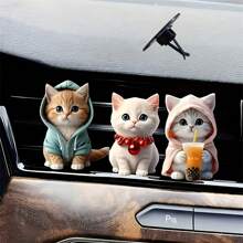 3pcs Cute Cat Car Ventilation Air Freshener Clip - Creative Hoodie Cat, Milk Tea Cat, Bell Cat Designs, 2D Acrylic Car Ventilation Decoration Clip, Comes With Aromatherapy Sheet, Deodorization + Random Scents, Car Air Freshener, Car Interior Decoration, Perfect Gift For Family And Friends