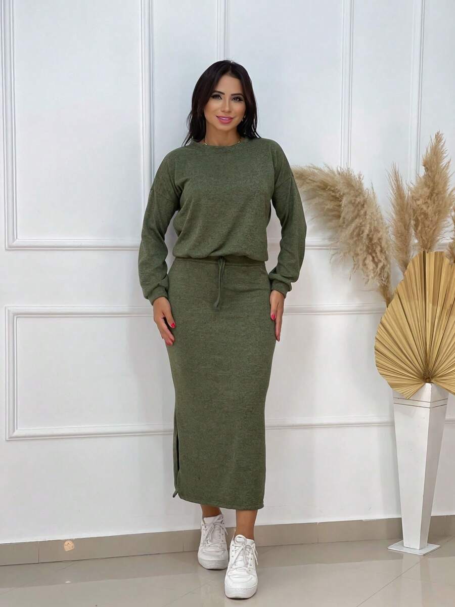 Women's Winter Set Blouse And Woolen Skirt - 軍綠色 - 查看 1