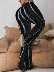 Plus Size Fashion Casual Geometric Print Flare Pants Spring Black - Black - View 2