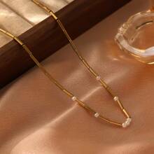 1pc Stainless Steel 18K Layered Pearl Beaded Necklace, Fashionable & Formal, Suitable For Party, Dating, And Work Wear - Yellow Gold - View 7