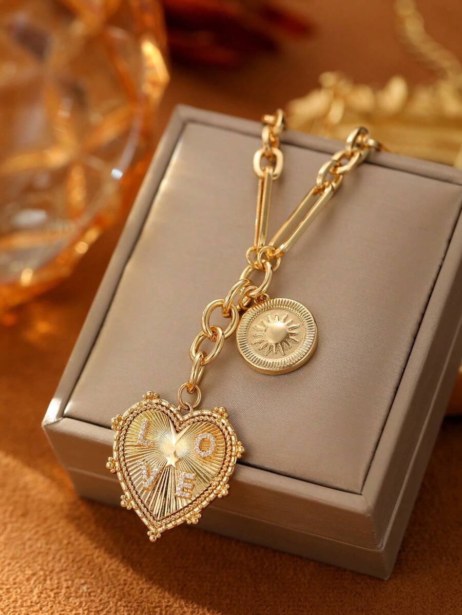 1pc Mother's Day Love You Heart Letter Pendant Necklace For Ladies, Fashion High-End Gift Suitable For Holiday, Birthday, Banquet, Wedding, Or Daily Wear