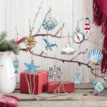 12/24/36pcs/Set Ocean Sailing Adventure Theme Wooden Decorations, Summer Beach Decor, Includes Rudder, Seashell, Whale, Starfish, Boat, Lighthouse, And Driftwood Bottle, Suitable For Nautical Party Christmas Decorations Home Christmas Gifts Christmas Decor - Multicolor - View 2