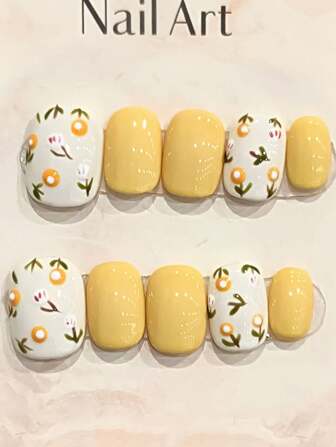 10片装黄色短款花朵印花假指甲甜美迷人可重复使用假指甲适合女友妻子女士女孩按压式指甲美甲用品