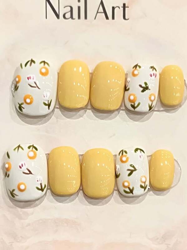 10 piezas de uñas postizas amarillas cortas con estampado de flores, dulces y encantadoras, uñas postizas reutilizables para novia, esposa, mujer y niña