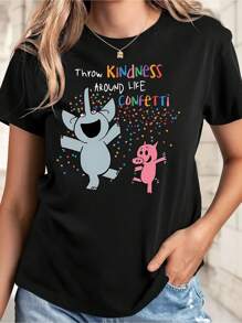 Women'S Cartoon Elephant And Pig Print Casual Polyester Blend Round Neck T-Shirt, Regular Fit, Knitted Fabric, Short Sleeves Suitable For All Seasons, Perfect Gift For Elephant Lovers. - 黑色 - 查看 1