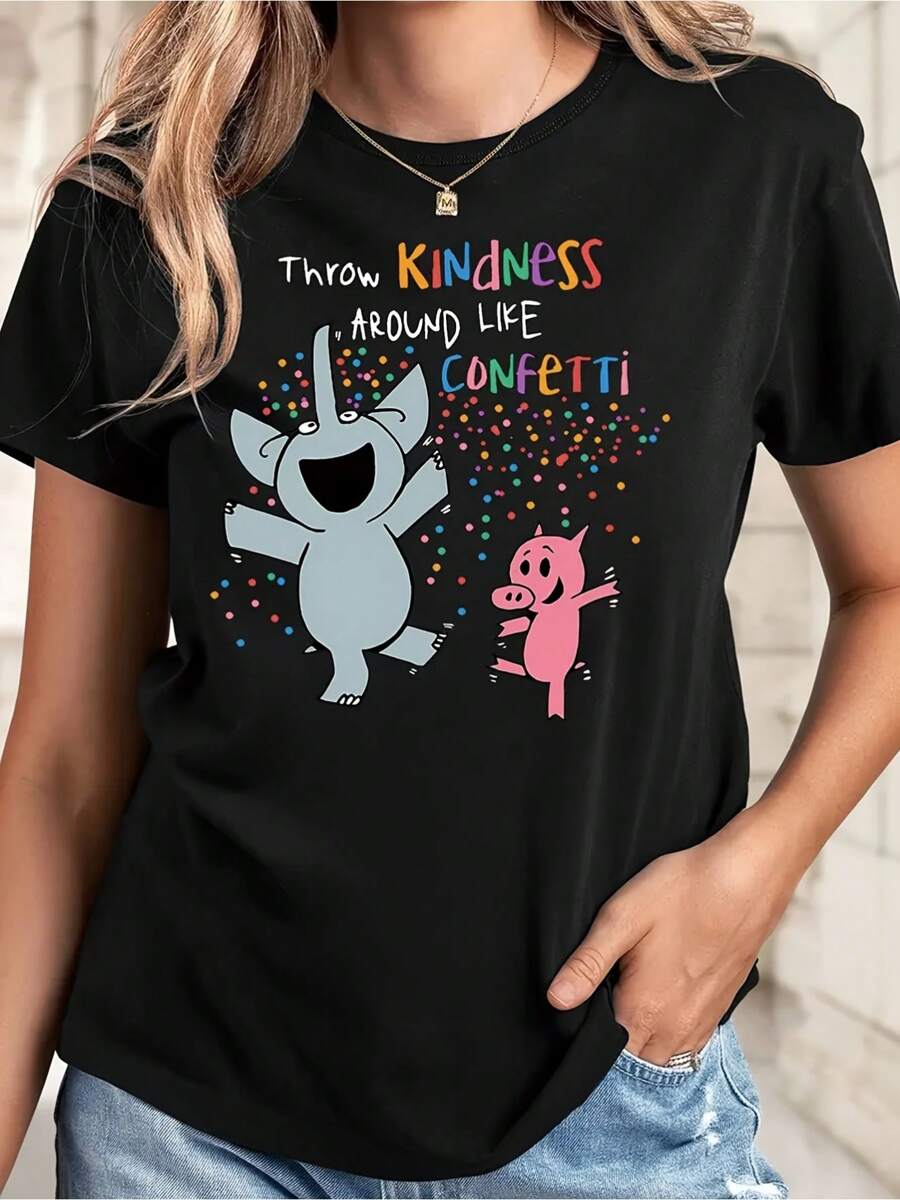 Women'S Cartoon Elephant And Pig Print Casual Polyester Blend Round Neck T-Shirt, Regular Fit, Knitted Fabric, Short Sleeves Suitable For All Seasons, Perfect Gift For Elephant Lovers. - 黑色 - 查看 1