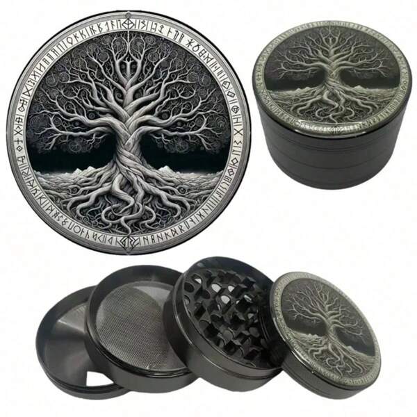 Molinillo de árbol de metal de 2/2,5 pulgadas, molinillo manual de 4 capas con diseño del árbol de la vida estilo bohemio, mortero y mano de mortero, herramienta para moler hierba de tamaño grande, accesorios, regalo