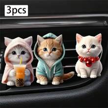 3pcs Cute Cat Car Ventilation Air Freshener Clip - Creative Hoodie Cat, Milk Tea Cat, Bell Cat Designs, 2D Acrylic Car Ventilation Decoration Clip, Comes With Aromatherapy Sheet, Deodorization + Random Scents, Car Air Freshener, Car Interior Decoration, Perfect Gift For Family And Friends
