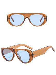 Visivana 1pc Oversized Oval Fashion Glasses, Fashion Retro High-End Glasses, Wide Frame Color Blocking Boho Vacay Vacay Vibes For Summer Beach Vacation,Outdoor,Travel - Brown Frame Blue Film - View 7