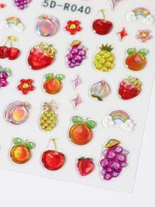 2 pièces Autocollants 5D de fruits de dessin animé: cerises, fraises, citrons d'été, oranges, pêches mignonnes, raisins, ananas. Fournitures pour ongles