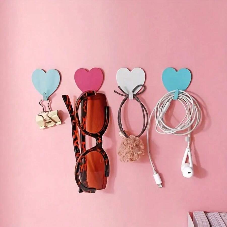 Monalife 5pcs Romantic Heart-Shaped Metal Adhesive Wall Hooks, Polished Surface, Heavy Duty Waterproof Hooks For Keys, Hats, Towels, Bathroom Accessories