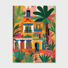 1pc Unframed, Vibrant Mexican Architectural Poster With Colorful Floral And Plant Landscape Canvas Printing, Mural For Home Decoration