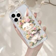 1pc Transparent TPU Soft Phone Case With Cute Rabbit & Flower Basket Design, Shockproof Protective Cover Compatible With IPhone16 Pro Max/16/15/14/13/12/12/11, High-End Fashion Design, Great For Easter Gifts To Friends And Family, Also Fits S25/S/24S24/S23/S22 Series