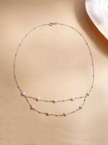 1 件 925 纯银天然珍珠双层项链女士 - 白色 - 查看 2