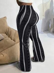 Plus Size Fashion Casual Geometric Print Flare Pants Spring Black - Black - View 6