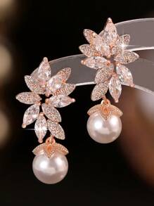 jealous young 1 Pair Elegant Big Simplicity Flower CZ Shell Pearl Wedding Dangle Earrings For Women Brides Luxury Zircona Drop Earrings Festivals Engagement Anniversary Party Jewelry Gift - Rose Gold - View 4