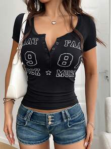 Áo thun nữ Vaiaye tay ngắn in chữ phong cách Y2K, ôm dáng, màu đen, thích hợp mặc mùa xuân/hè. - màu đen - Xem 10