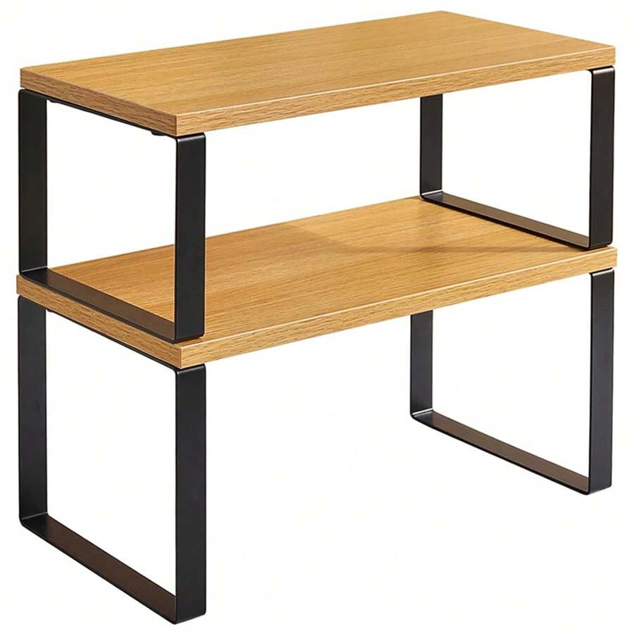 2 piezas Estantería de cocina apilable de madera para encimera/gabinete, estante de almacenamiento expandible, estantería para el tocador del baño de color marrón - Color de veta de madera + soporte negro - Ver 1