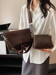 2pcs/Set Women's New Solid Color Soft Fabric Fashion Casual Adjustable Shoulder Strap PU Lightweight Shoulder Crossbody Bag