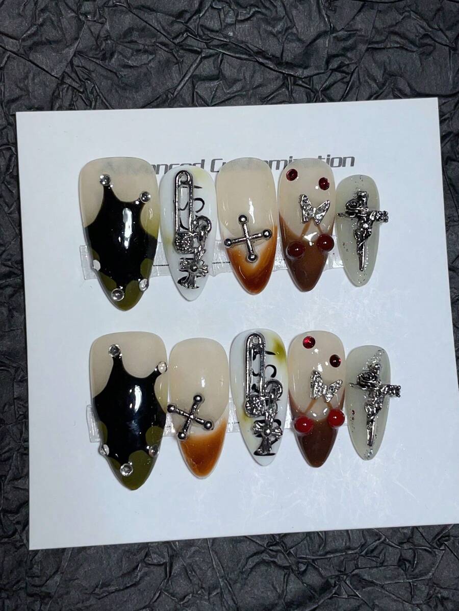 10 Pieces Of Pure Handmade Wearable Nails, Almond Nail Shape Selection, Light Bulb Cat Eye Nail Art, High Quality Elegant Simple Design Nails, Cartoon System Personalized Graffiti Jumping Color Nails, Full Coverage Fake Nails, Y2K Nails, Embossing Nails - Multicolor - View 1