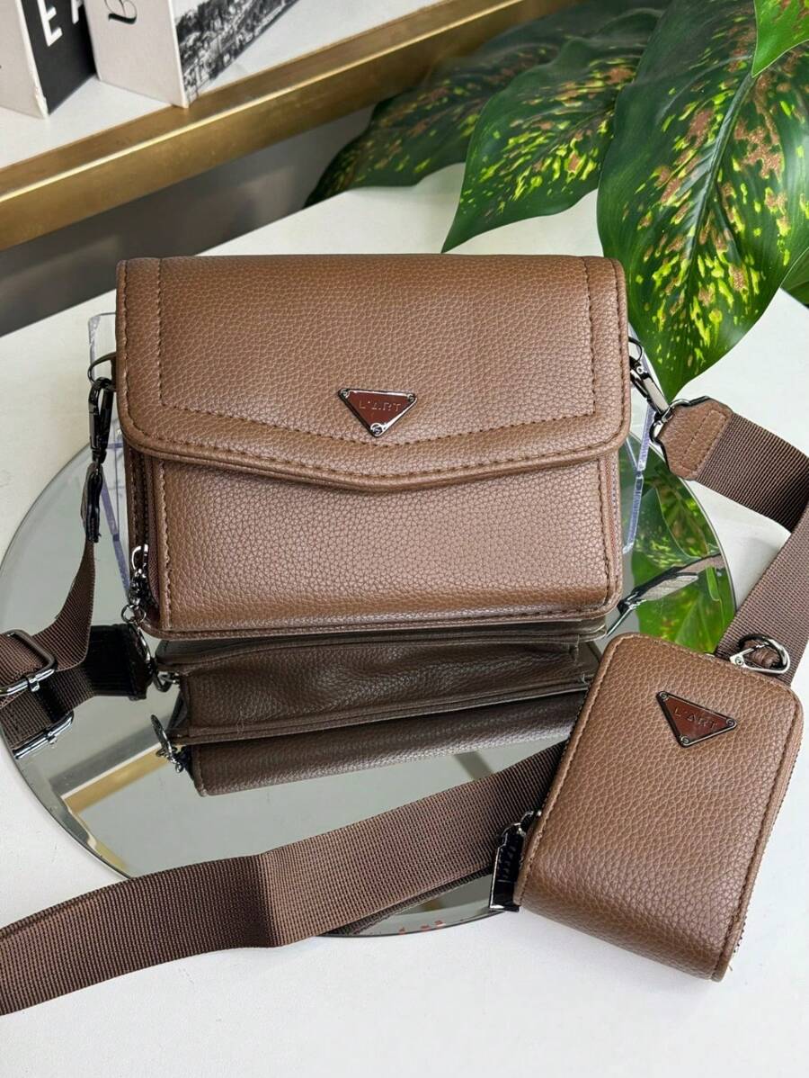 Women's Crossbody Shoulder Bag With Nylon Strap And Mini Purse - Coffee Brown - View 1