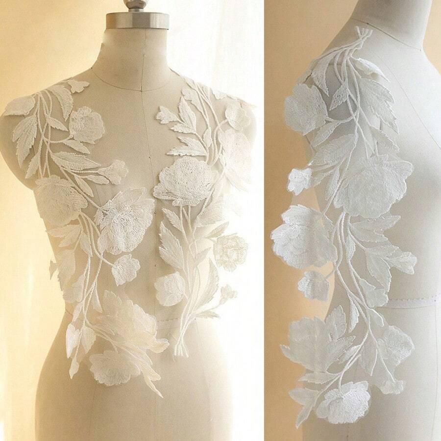 1 Pair Extra Large White Water-Soluble Floral Embroidery Patches, Bridal Gown Decorative Applique Summer, School