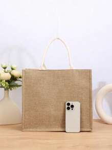 Women's Solid Color Vacation Straw Tote Bag, Large Capacity Suitable For Ladies Spring/Summer Travel And Daily Commute , Summer - Khaki - View 3