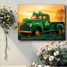 A Wood-Framed Canvas Painting, St. Patrick's Day Vintage Green Truck And Four-Leaf Clover, Room Decor, Wall Art Deco Canvas Poster, Unique Style Canvas Painting, Modern Vintage Print Painting- 1 Piece Of Wood Framed Oil Painting (3) Thickness 2.5 Cm/ 1 Inch- Home Decoration For All Occasions - Ideal New Year, Valentine's Day, Thanksgiving, Easter, Christmas Gift , Room Decoration Aesthetic, Wall Decoration Art, Perfect Gift, Autumn And Winter Wall Decoration, Living Room Decoration, Bedroom Decoration, Kitchen Decoration, Entry Decoration, Bathroom Decoration, Direct Wall Painting, High Quality Wall Painting Poster