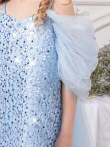 Tween Girls Spaghetti Strap Trailing Mesh Sequin Dress, Princess Gown Suitable For Easter, Birthday Gift, Party, Banquet, Flower Girl, Bridesmaid, Prom, Festival Celebration Outfit - Baby Blue - View 3