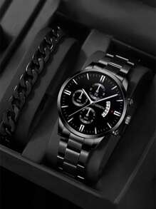 1pc Men Round Pointer Date Quartz Watch & 1pc Bracelet