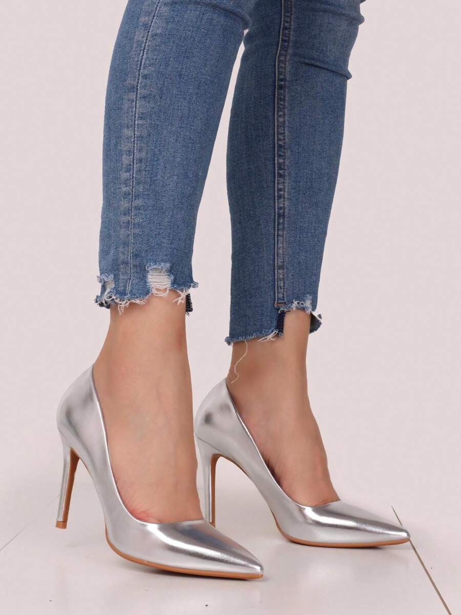 Stellameli Classic Pumps In Pu With 9.5 Heel With Removable Rhinestone Strap Stylish High Heels - Silver - View 1