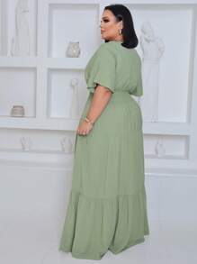 Plus Size Long Dress V Neck Short Sleeve - Mint Green - View 2