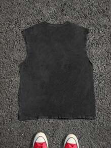 Men's Plus Size New Fashion Street Style Coconut Tree & English Letter Print Round Neck Washed Tank Top, Casual And Versatile Y2K Style, Suitable For Daily Wear - Black - View 3